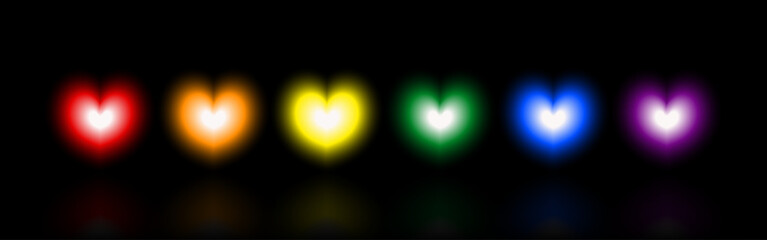 Hearts gradient blur multi-colors on black background. Red, Orange, Yellow, Green, Blue, and Purple. Vector illustration.