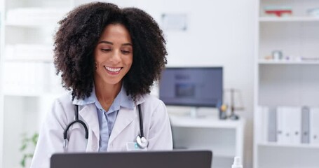 Smile, woman and doctor at laptop in clinic, planning research and reading online report. Face, happy female healthcare employee and working at computer, medical analysis and telehealth in hospital - Powered by Adobe