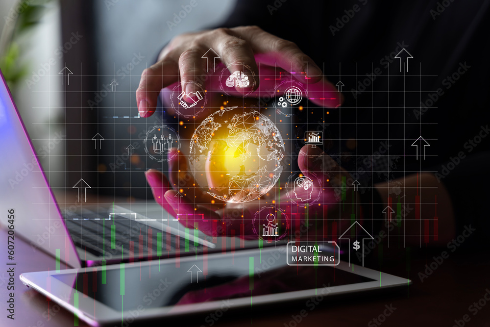 Poster digital online marketing businessman using tablet and analyzing sales data graph growth on modern in