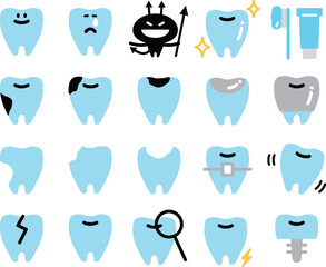 虫歯などの歯のアイコンセット_水色ベタ