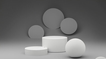 Podium with abstract geometric elements and shapes and background for product display and presentation 3D rendered scene in soft focus