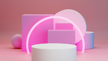Podium with abstract geometric elements and shapes and background for product display and presentation 3D rendered scene in soft focus
