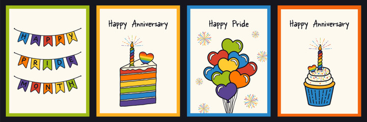 Set of Happy Pride month and happy anniversary hand drawing greeting cards.