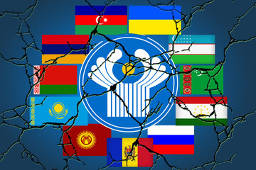 Logo and flags with cracks of the countries of the Commonwealth of Independent States (CIS), the former USSR