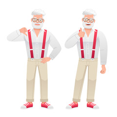 An elderly gray-haired man with glasses shows a gesture of approval and disapproval. Likes and dislikes. Good and bad.