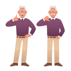 An old gray-haired man with glasses shows a gesture of approval and disapproval. Good and bad. Likes and dislikes.
