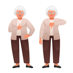 An elderly gray-haired woman with glasses shows a gesture of approval and disapproval. Likes and dislikes. Good and bad.