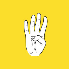 Four Finger Hand Sign. Detailed Drawing. vector