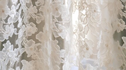 A detailed close up of a delicate white lace curtain. Generative AI
