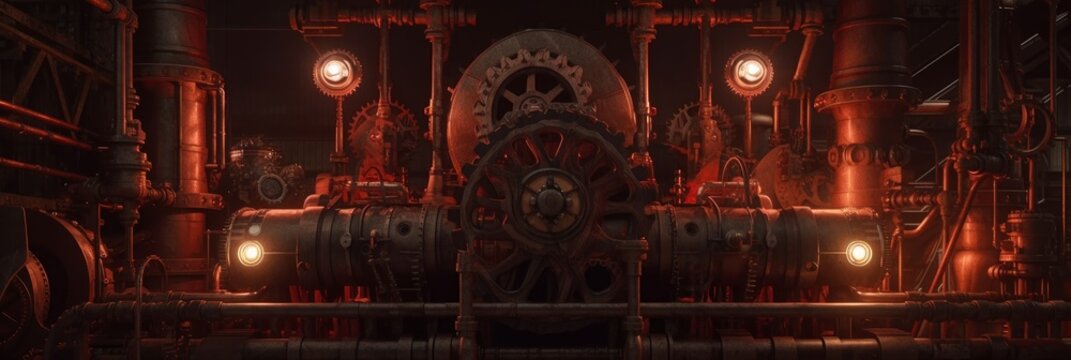 A steampunk illustration with gears, pipes, lights and steam. Generative AI	
