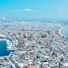Beautiful landscape and cityscape from Hakodate Mountain with Snow in winter season. landmark and...