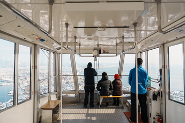 Beautiful landscape and cityscape from Hakodate Mountain ropeway with Snow in winter season....