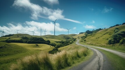 Fototapeta na wymiar Wind turbines on the hill. green alternative energy. Generative AI