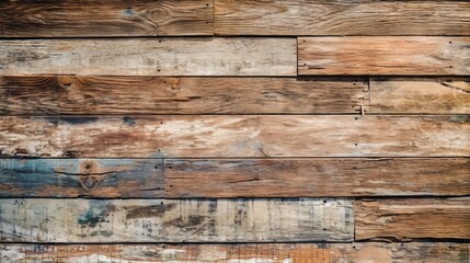 Naklejka na ściany i meble A weathered wooden wall with peeling paint in close-up. Generative AI