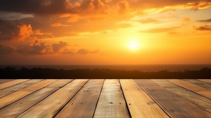 Naklejka na ściany i meble A wooden floor with a sunset in the background. Generative AI