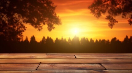 A wooden table top with a sunset in the background. Generative AI