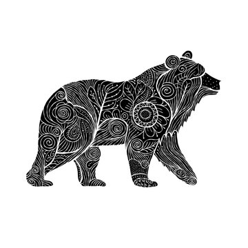 Black Bear silhouette with abstract Floral Ornament isolated on white