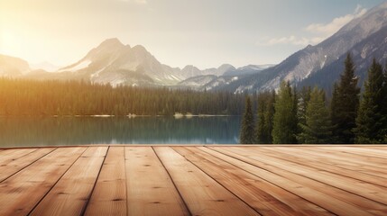 An empty wooden deck overlooking a mountain lake. Generative AI