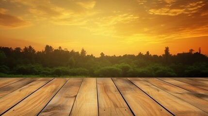 A wooden floor with a sunset in the background. Generative AI