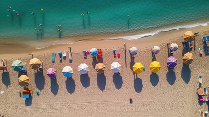 Colorful umbrellas on a sunny beach. Generative AI