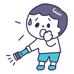 懐中電灯を手に持って迷子の犬猫を探している不安な顔した若い男性（全身）のイラスト