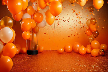 An orange balloon themed photography backdrop. AI generative