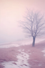 Fototapeta na wymiar Hazy fog on a snowy day, soft glow, dreamy pastel film screen shot. AI generative