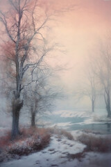 Obraz na płótnie Canvas Hazy fog on a snowy day, soft glow, dreamy pastel film screen shot. AI generative