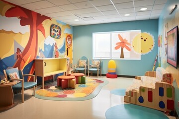 A vibrant and playful mural in a child's playroom. Generative AI