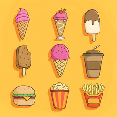 cute ice cream collection with burger and french fries