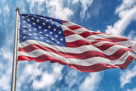 Photo of an American flag waving proudly in the sky symbolizing the spirit of freedom and national pride. Generative Ai