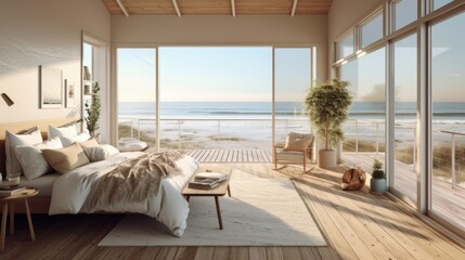 Serene bedroom with a breathtaking ocean view. Generative AI