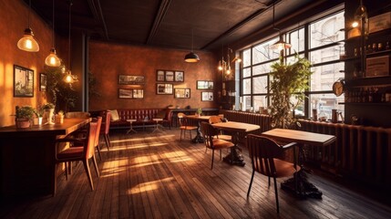 Cozy and intimate restaurant with rustic wooden furniture and warm lighting. Generative AI