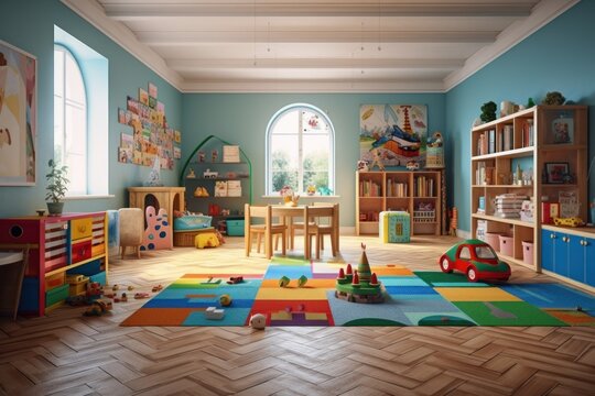 Colorful and playful children's playroom filled with toys and games. Generative AI