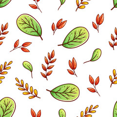 colorful seamless pattern of autumn leaves with outline on white background