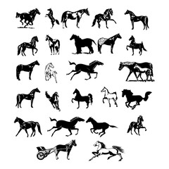 Horses silhouettes set. Collection of animal silhouettes. Farm animals silhouettes collection.