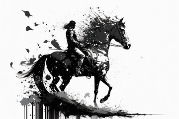 Image painting of person riding a horse drawing using a brush and black ink on white background. Farm animals. Illustration, Generative AI.