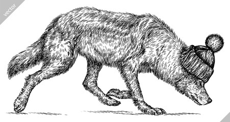 Vintage engraving isolated gray wolf set glasses dressed fashion illustration ink costume sketch. Wild dog background animal silhouette sunglasses hipster hat art. Hand drawn vector image.