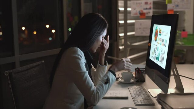 Businesswoman hard working to late night and work overtime at office. Manager assigns task after timeout of work. Concept of business management, assignment job late and working overtime.