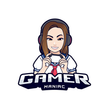 Cute gamer girl maniac logo streamer isolated on white background