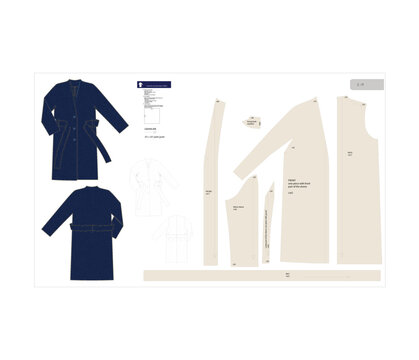 Coat sewing pattern with belt and one-piece sleeve, perfect for a stylish and streamlined look. Sizes S-M. Small-Medium sizes