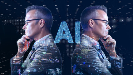 デジタルの世界で成功したビジネスリーダー、DX サイバーセキュリティ、インターネット安全のイメージ