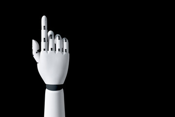 Robot hand finger making contact or pressing something on dark isolated background. Cyborg...