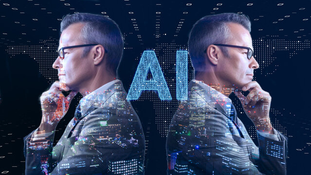 デジタルの世界で成功したビジネスリーダー、DX サイバーセキュリティ、インターネット安全のイメージ