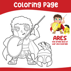 Colouring worksheet of Ares God of the war. Ancient Greece mythology. Greek deity theme elements. Coloring page activity for kids. Vector illustration file.