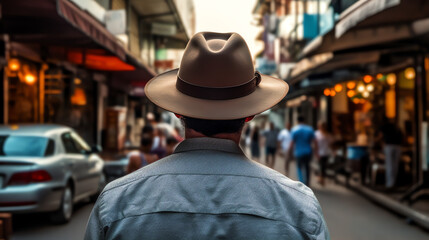 Tourist man with hat in the downtown created with Generative AI Technology
