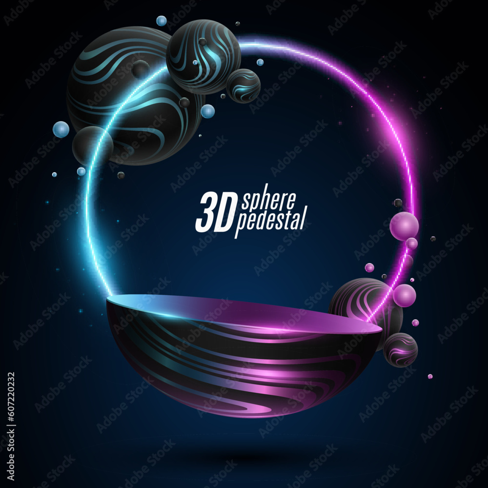 Aufkleber trendy levitating podium with glowing dynamic 3d spheres textured with striped pattern. glowing spar