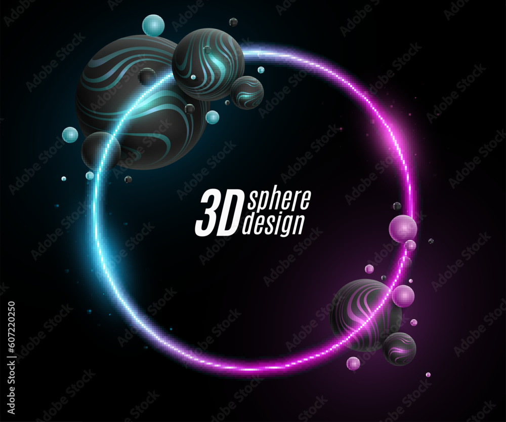 Poster futuristic trendy sparkling neon circle banner with glowing dynamic 3d spheres textured with striped