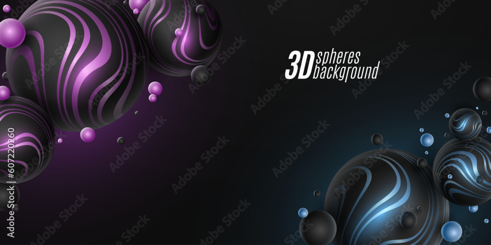 Poster trendy background with glowing dynamic 3d spheres textured with striped pattern. abstract flying bub
