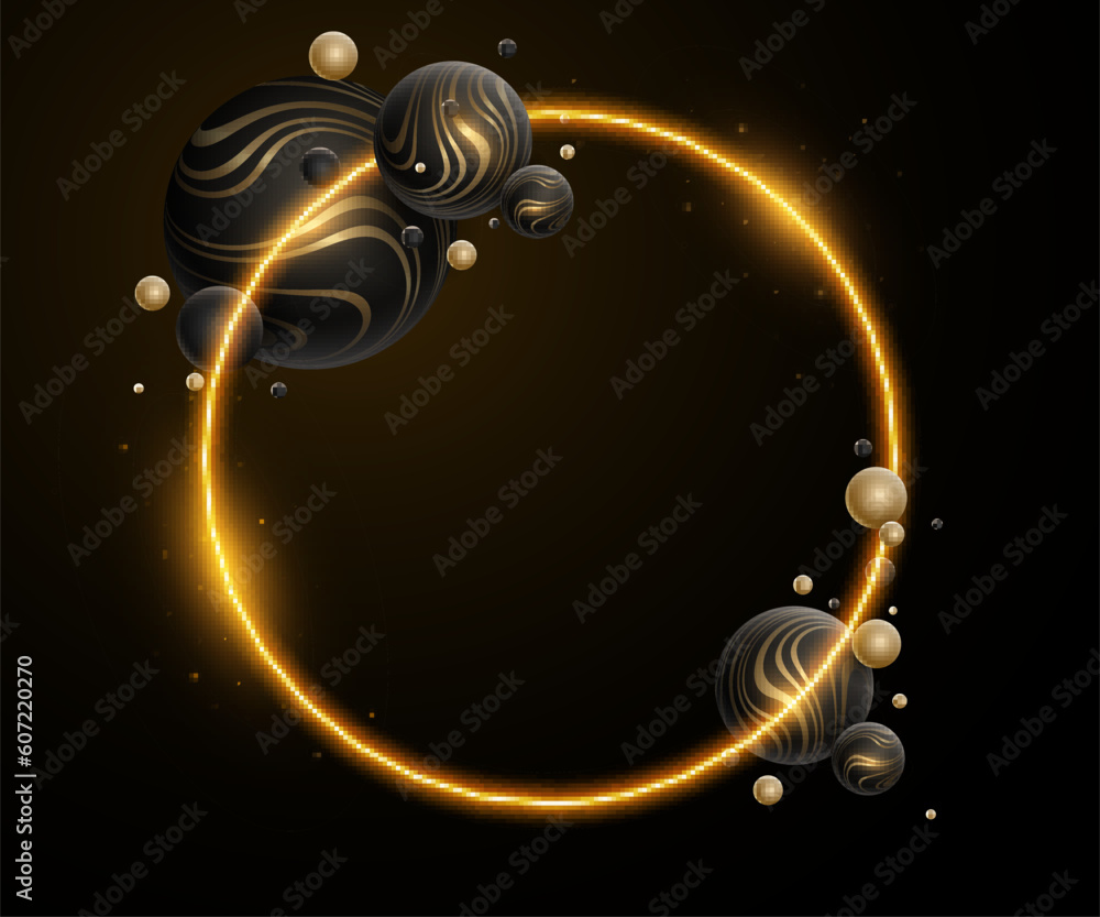 Aufkleber abstract trendy sparkling neon circle banner with glowing dynamic 3d spheres textured with golden st